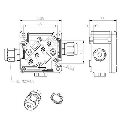 Ex Junction Box Ex AD 85 e MK4 3xM20 IP66 II 2G Ex em II T4/T5/T6 GRP